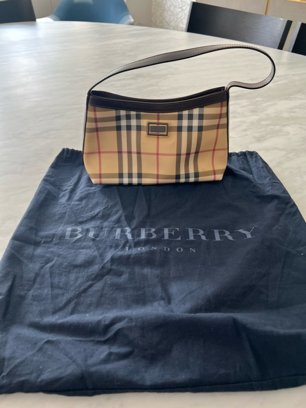 Burberry Beige Plaid Shoulder Bag with Brown Leather Trim